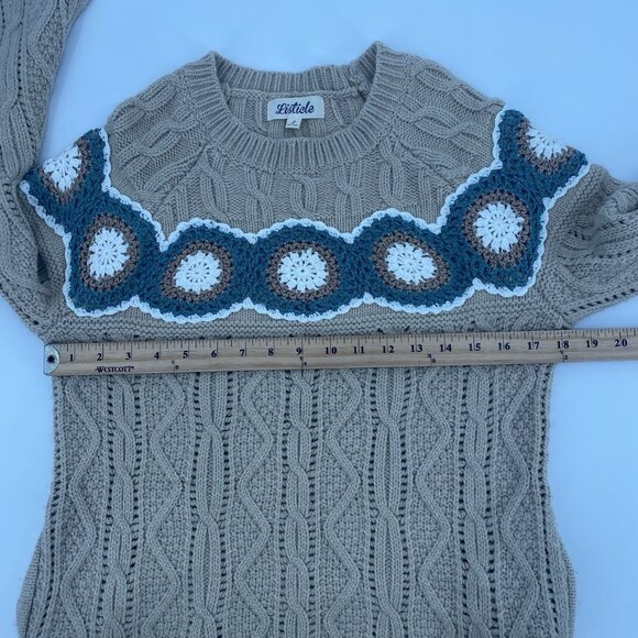 Listicle Sweater Women's Small Tan Chunky Cable Knit Crochet Embroidery Pockets - Picture 4 of 10